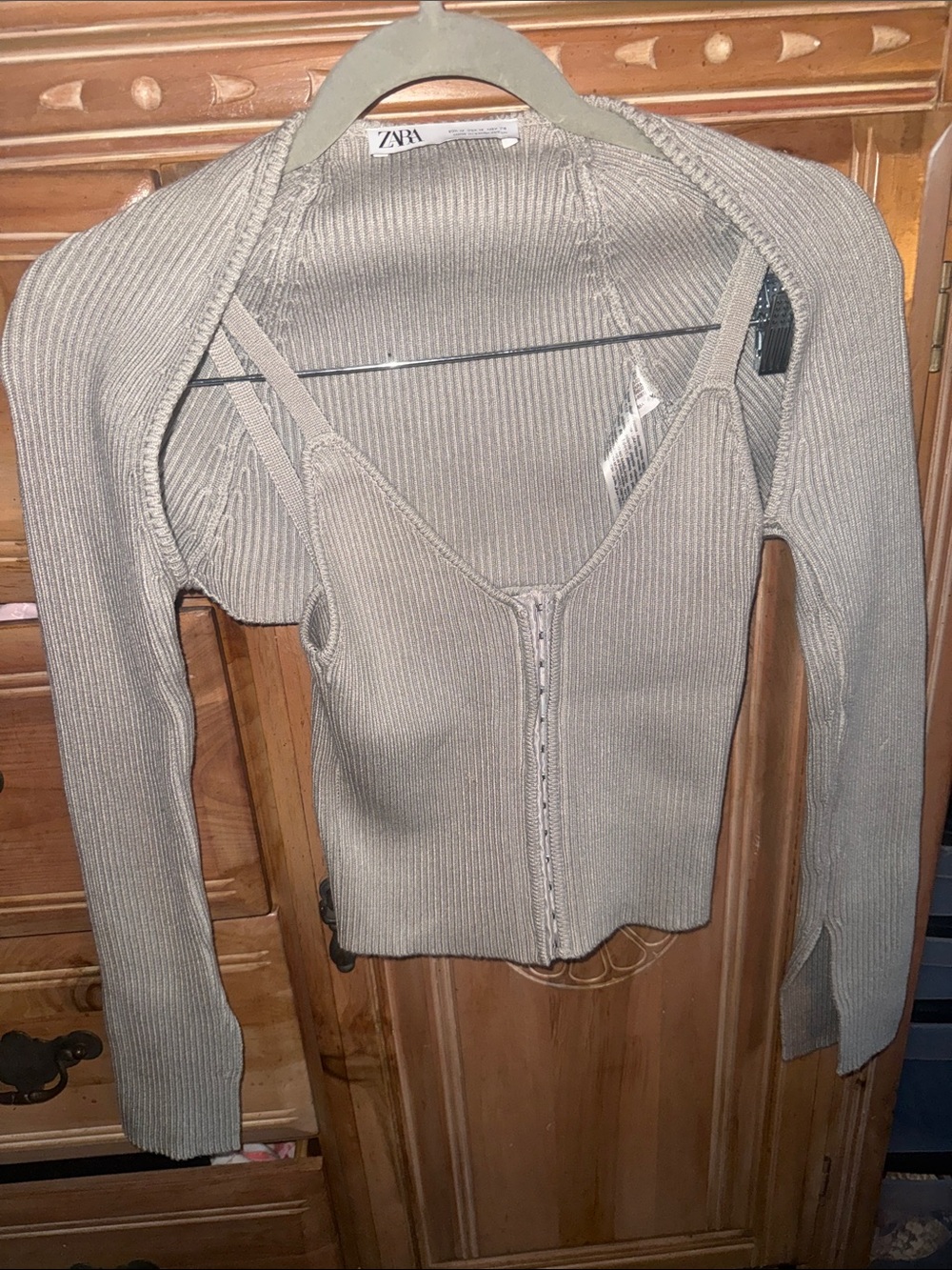 ZARA Taupe Ribbed Zip-Front Crop Tank with Matching Shrug